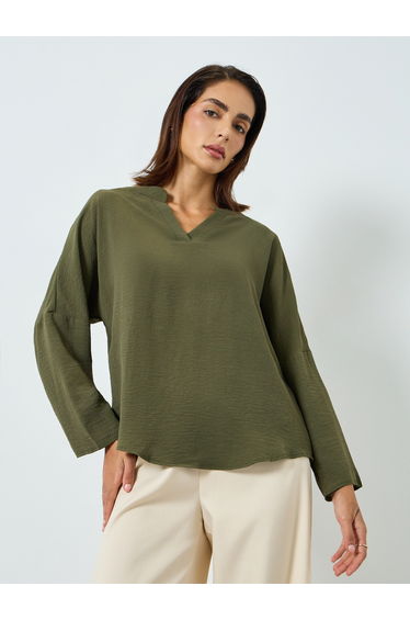 Women's Solid V Neck Long Sleeve Top
