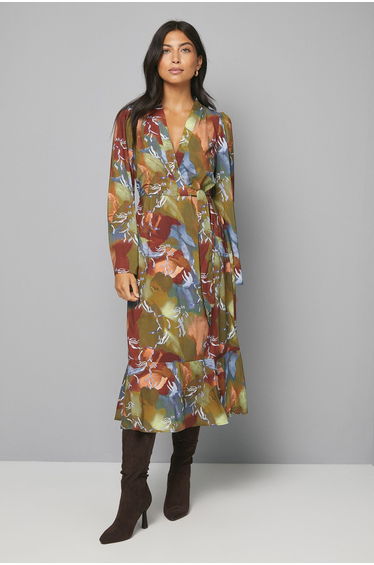 Abstract Print Wrap Midi Dress