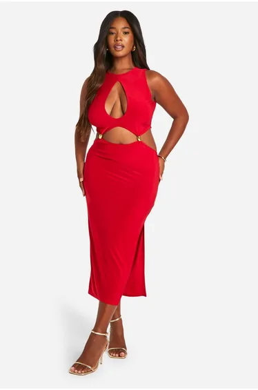 فستان ميداكسي بفتحات مزين بالخرز لون أحمر - للمقاسات الكبيرة