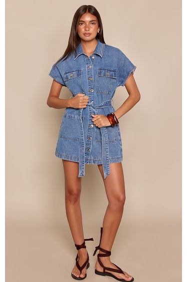 Mid Blue Utility Style Tie Waist Cap Sleeve Denim Mini Dress