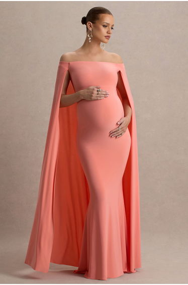 Radiance | Coral Bardot Maternity Maxi Dress With Cape