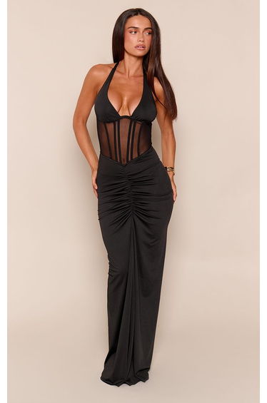Black Slinky Halterneck Plunge Mesh Corset Maxi Dress