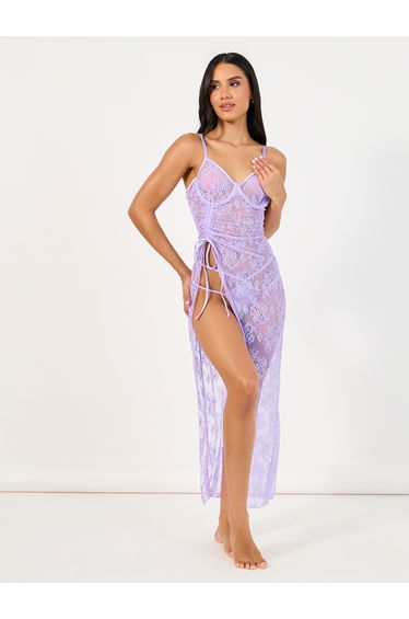 All Over Lace Ruched Tie High Slit Slip Dress and Thong Set