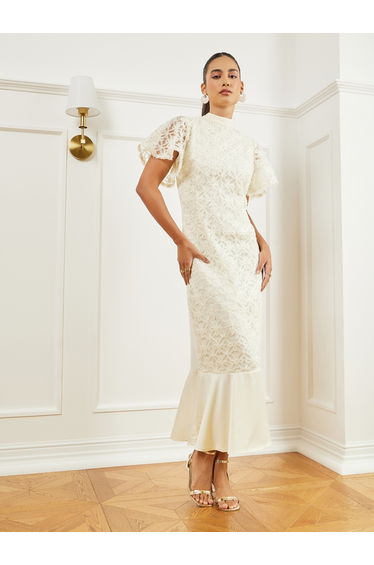 Cream Lace Short Sleeve Mermaid Hem Midi Dress