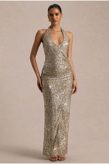 Gio | Champagne Sequin Plunge-Neck Wrap Maxi Dress With Ruched Detailing