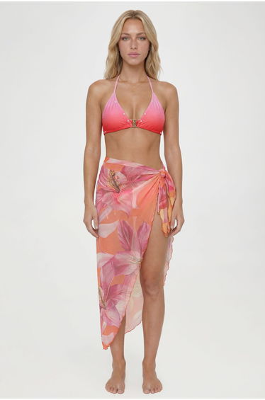 Floral Print Sheer Mesh Beach Sarong - pink