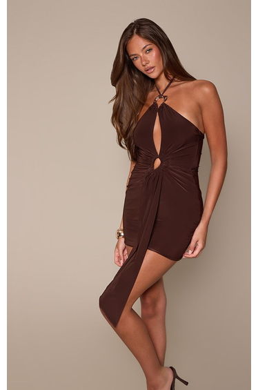 Chocolate Double Layer Slinky Halter Neck Cut Out Trim Detail Mini Dress