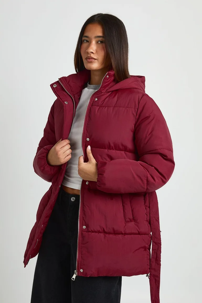 Hooded Belted Puffer Jacket - berry - 3