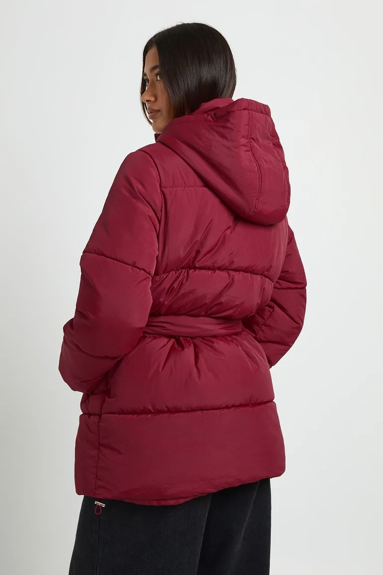 Hooded Belted Puffer Jacket - berry - 2