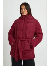 Hooded Belted Puffer Jacket - berry - 1