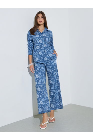 Blue All Over Print Cotton Shirt and Pants Co-Ords Set