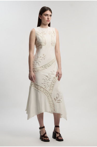 Petite Cutwork And Embroidery Linen Viscose Woven Maxi Dress