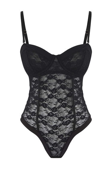 Black Lace Fitted Plain Bodysuit