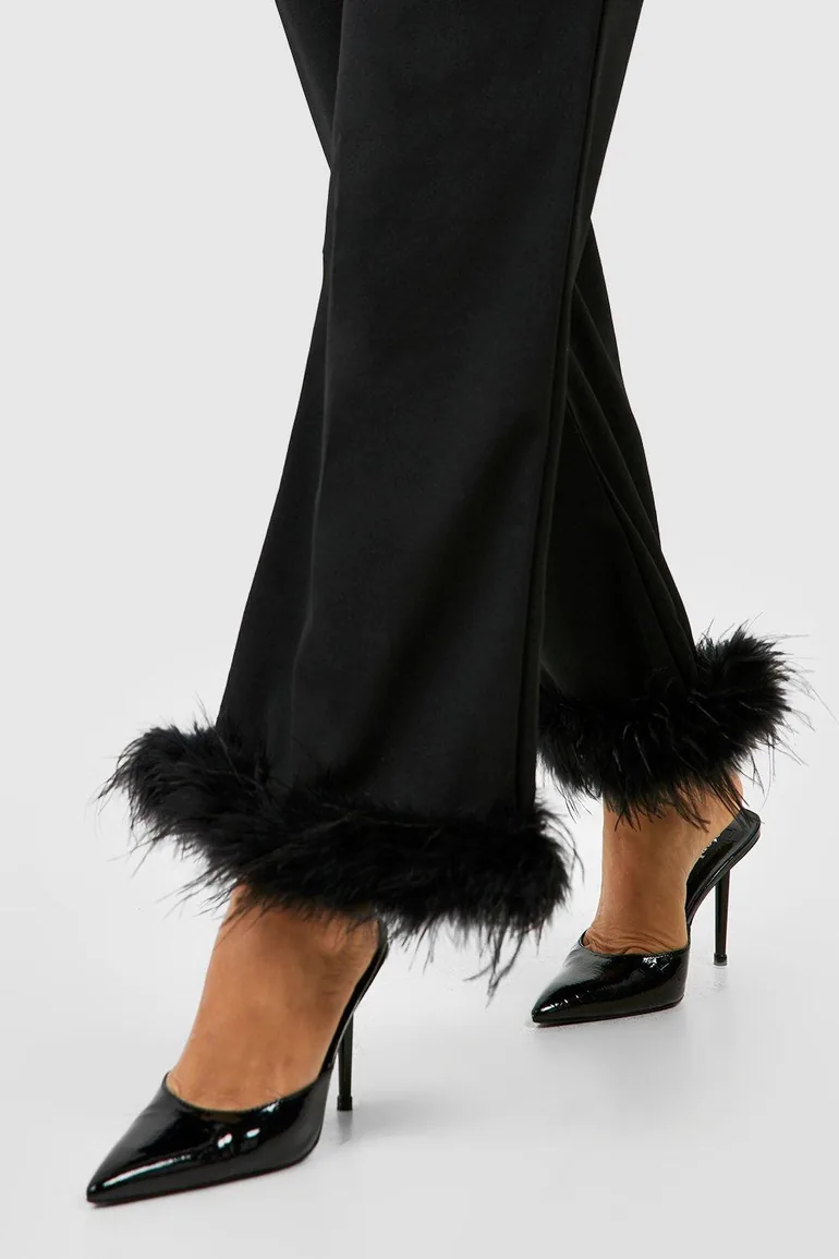 Feather Hem High Waisted Slim Fit Trousers - black - 3