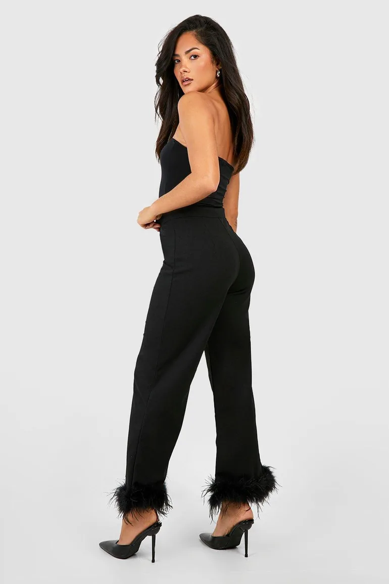 Feather Hem High Waisted Slim Fit Trousers - black - 1