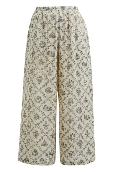 Lattice-Floret Illustrations Printed Wide-Leg Pants in Green