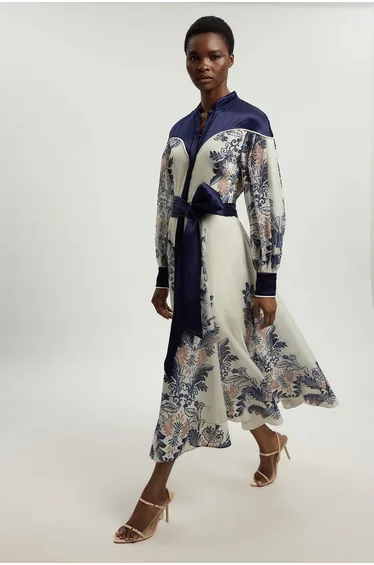 Petite Scarf Print Organdie And Satin Mix Maxi Dress