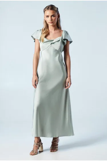 Petite Twist Front Angel Sleeve Midi Bridesmaids Dress