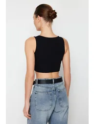 Black Strap Crop Ribbed Flexible Knitted Undershirt - 4