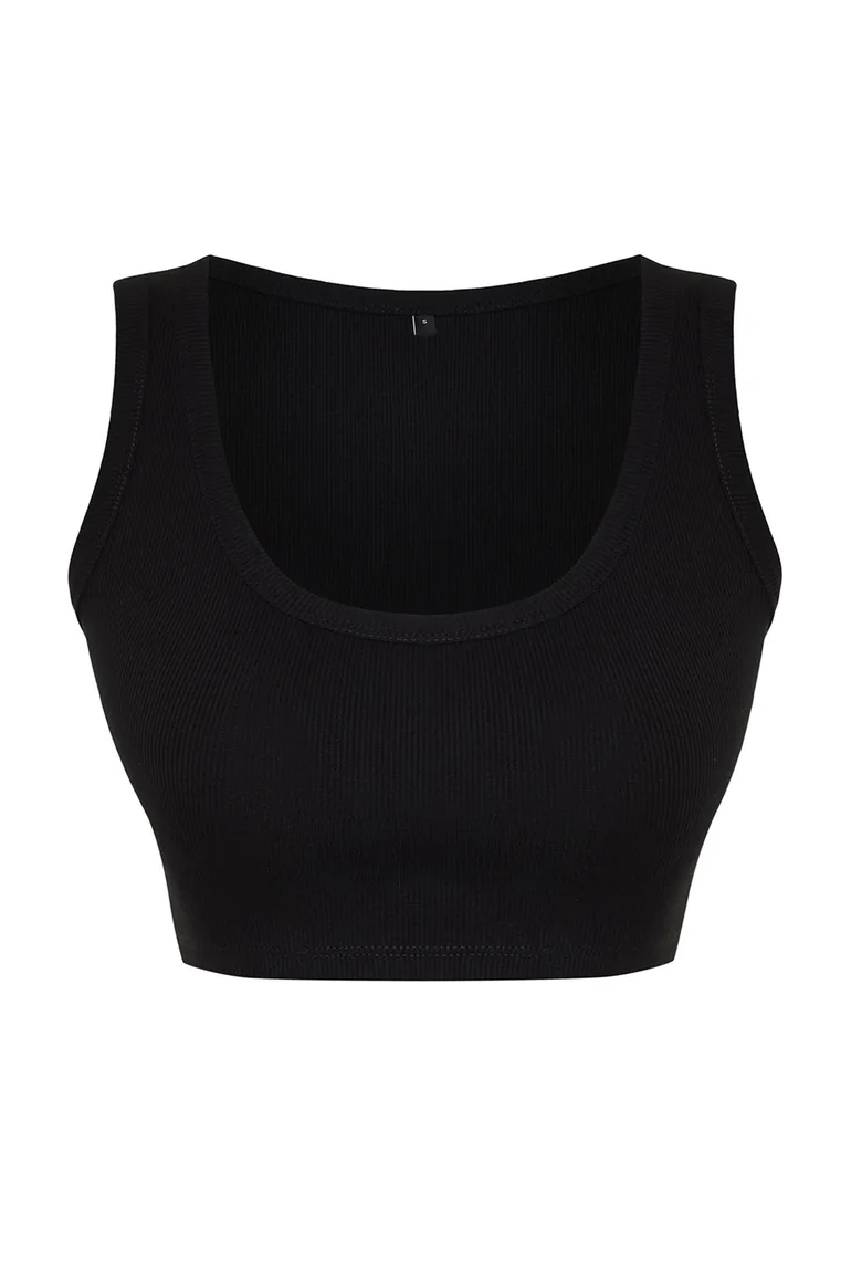 Black Strap Crop Ribbed Flexible Knitted Undershirt - 5