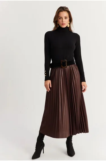 Women's Bitter-Coffee Elastic Waist Pleated Skirt