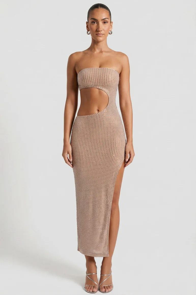 white christmas dresses Embellished Cut-Out Bandeau Maxi Dress in Honey main image 0