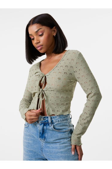 Tie Front Cutwork Cardigan
