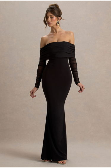 Madeleine | Black Fishtail Maxi Dress With Bardot Mesh Long Sleeves
