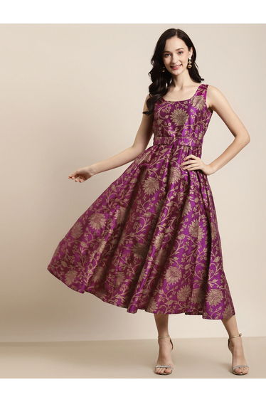 Jacquard Floral Print Self Belt Maxi Dress