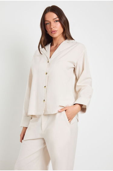 Linen Mix Relaxed Fit Long Sleeve Shirt - natural beige