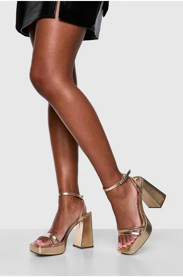 Wide Fit Multi Strap High Platform Two Part Heels - gold
