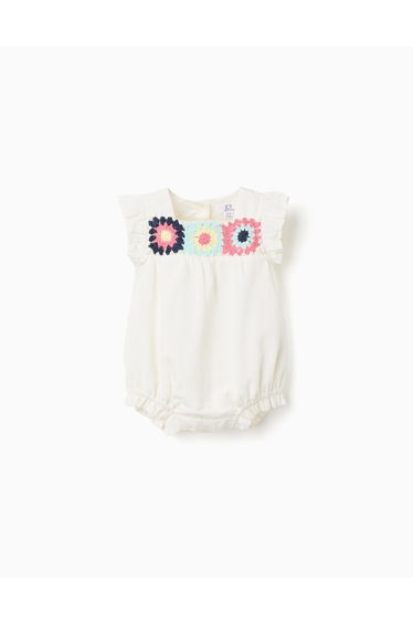 Cotton And Linen Romper With Crochet For Newborn Girls, White