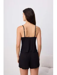 Black 4-Piece Lace Detailed Viscose Knitted Pajamas Set - 5