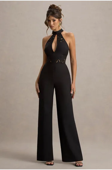 Kami | Black High-Neck Embroidered Jumpsuit