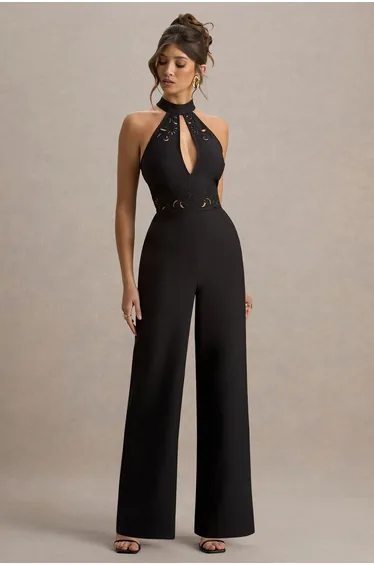 Kami | Black High-Neck Embroidered Jumpsuit