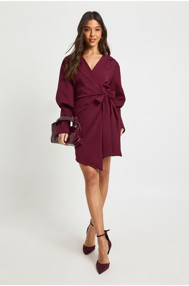 Volume Sleeve Tie Waist Blazer Dress - merlot