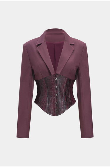 Snake Skin Print Faux Leather Hook And Eye Notched Lapel Blazer