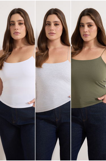 Khaki-White-Grey 3-Pack Thin Strap Crop Plus Size Tank Top