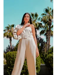 Beige One-Shoulder Jumpsuit - 1