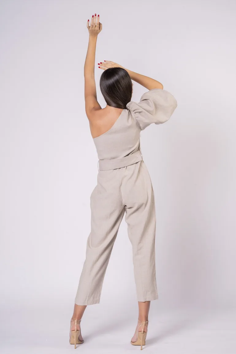 Beige One-Shoulder Jumpsuit - 5