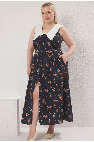 Multicolored Floral Poplin 100% Cotton Baby Collar Midi Woven Plus Size Dress