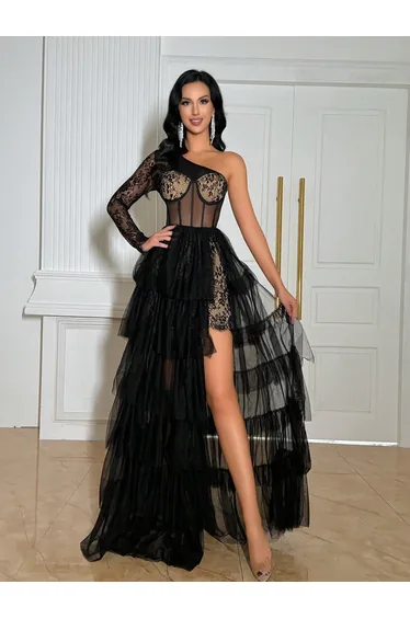 QOQ Black One-Shoulder Chiffon Evening Dress