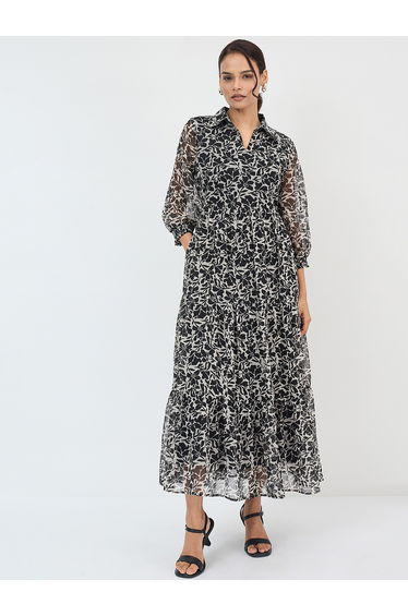 Black and White Floral Print Tiered Maxi Dress