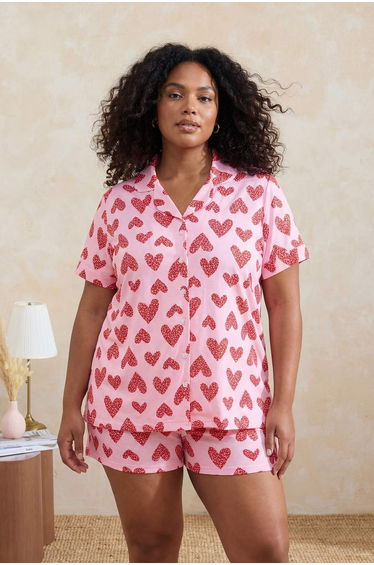 Pink Heart Shirt Collar Knitted Large Size Pajama Set
