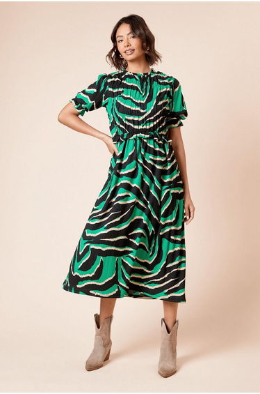 Puff Sleeve Zebra Shirred Bodice Peplum Midi Dress