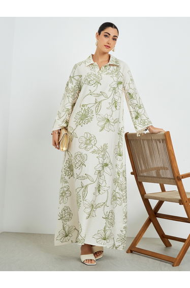 Floral Print Jalabiya with Round Drop Sleeve Trim