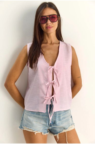 LUCCI Striped V-Neck Blouse with Tie Detail