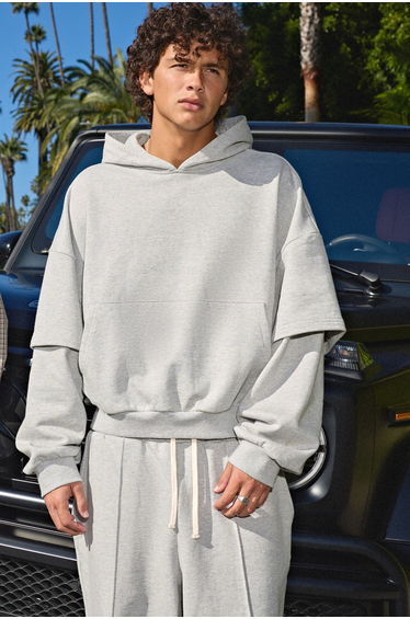 Heavyweight Shrunken Boxy Dropped Shoulder Faux Layer Sleeve Hoodie - grey marl