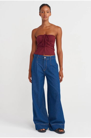DILVIN Women’s Strapless Crop Blouse With Tie Detail