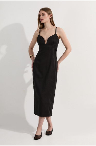 Premium Linen Pintuck Detail Pencil Tailored Midaxi Dress